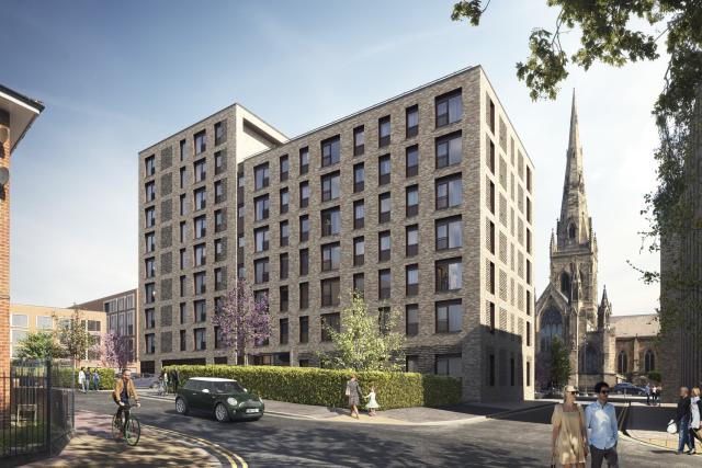 a cgi of greenhaus - an apartment scheme in buff brick with a view to salford cathedral down the side of the new building