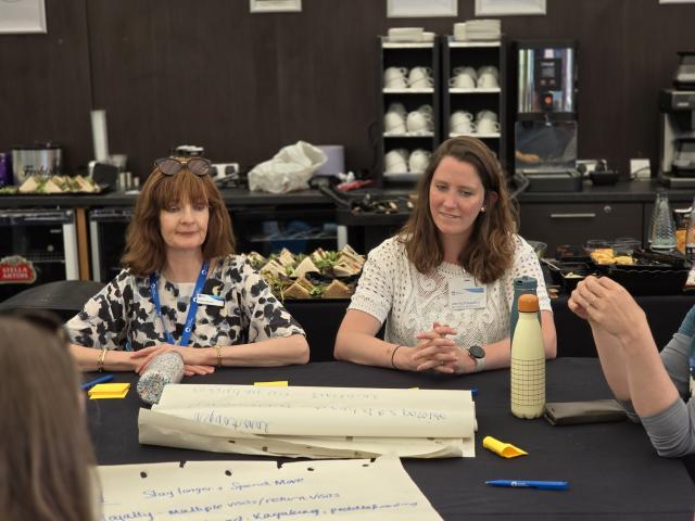 Two women sat at a table in a room, workshopping ideas on large pieces of paper.