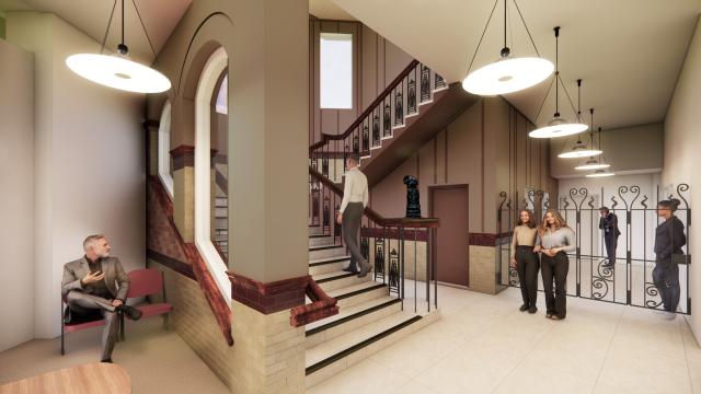 CGI visual of a staircase in an entrance.