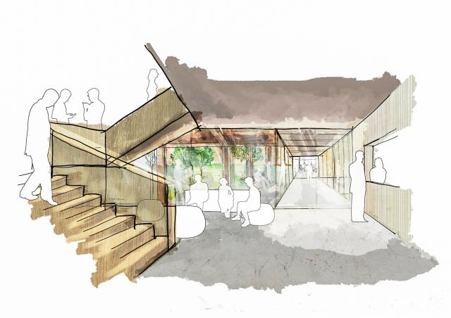 a sketch with stair to the front and a view to a cloister