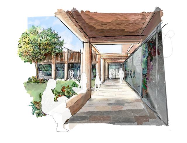 a sketch looking down a cloister surrounding a school quad