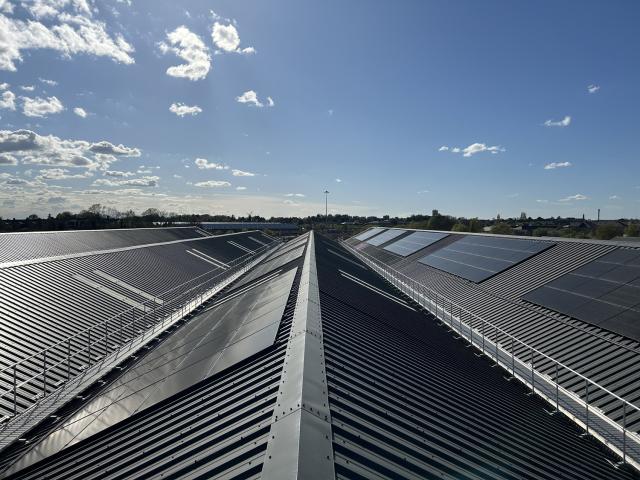 The Station Hall roof - grey with solar panels