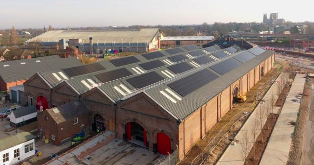 The Station Hall from afar, with a view of the solar panels on the roof