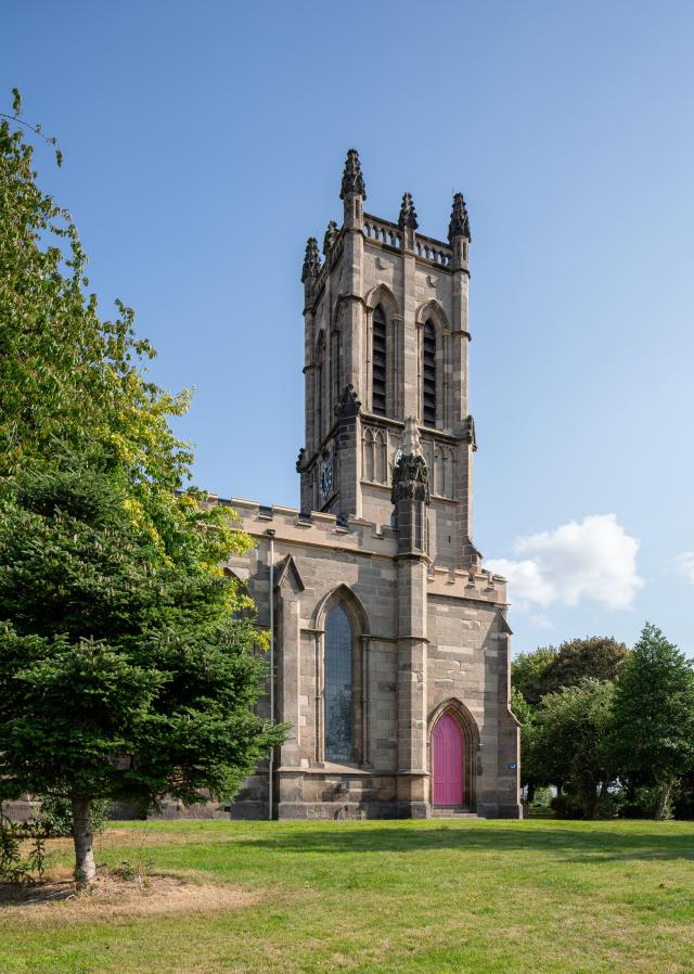Exterior of St Mark's church - the tower with pink door