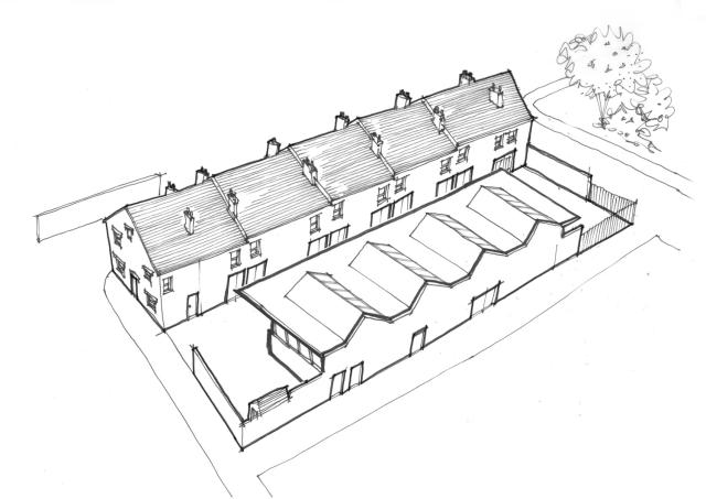 a hand drawn sketch of an aerial view of a terraced street