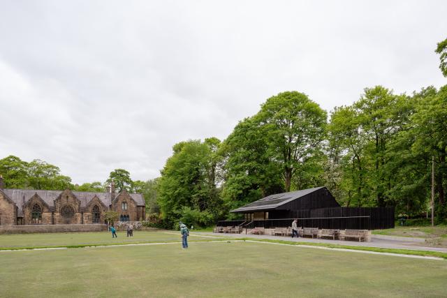 Outside Bowling Pavilion, with Grade II listed hall in background